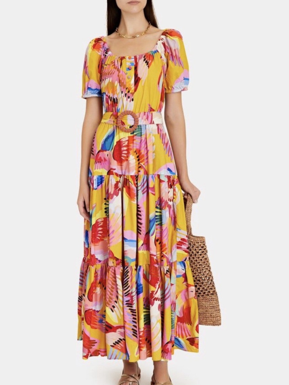 Farm Rio Neon Macaws Puff Sleeve Maxi Dress, Size Large
